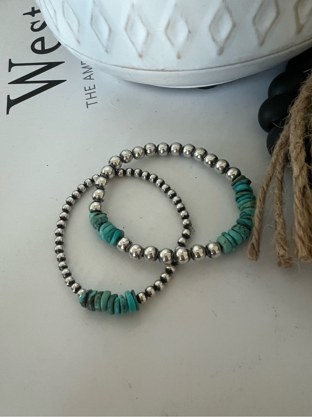 Turquoise Bead and Sterling Silver Stretch Bracelet Set
